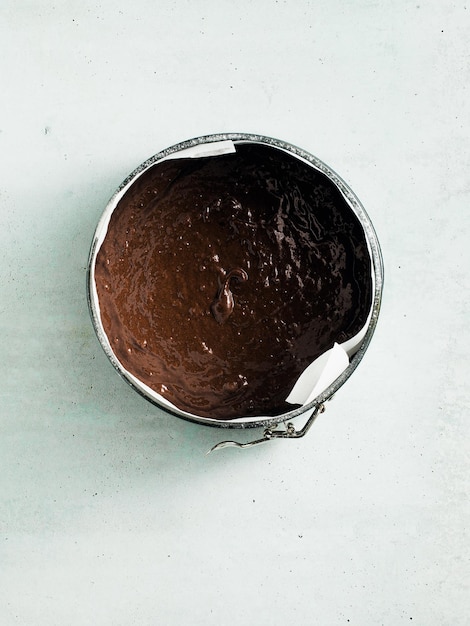 Chocolate batter ready to bake in a baking dish