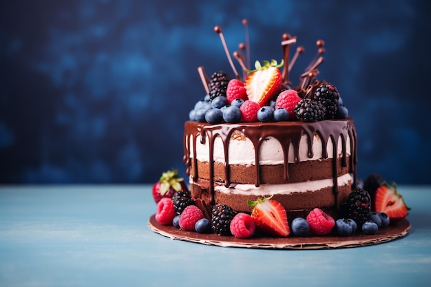 Chocolate birthday cake with berries and cookies on blue wall table background copy space