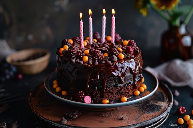 Photo chocolate birthday cake with candles and berries