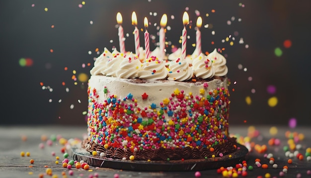 Chocolate birthday cake with colorful sprinkles and candles