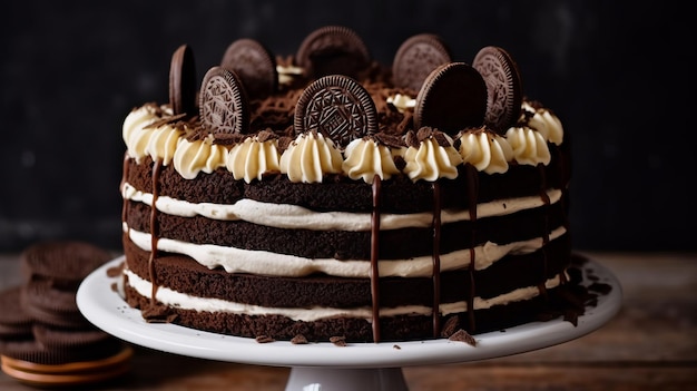 Chocolate Biscuit Cake with Cream Icing on Stand