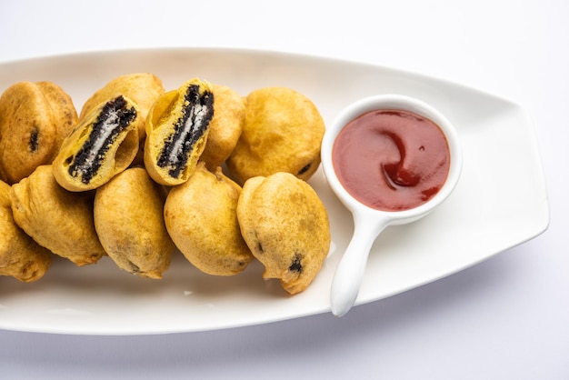 Chocolate biscuit pakora pakodas or fritters creative Indian teatime snack