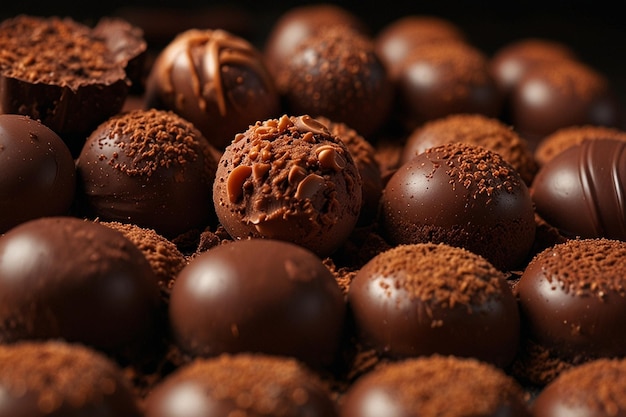 Chocolate bonbons and cocoa powder background close up