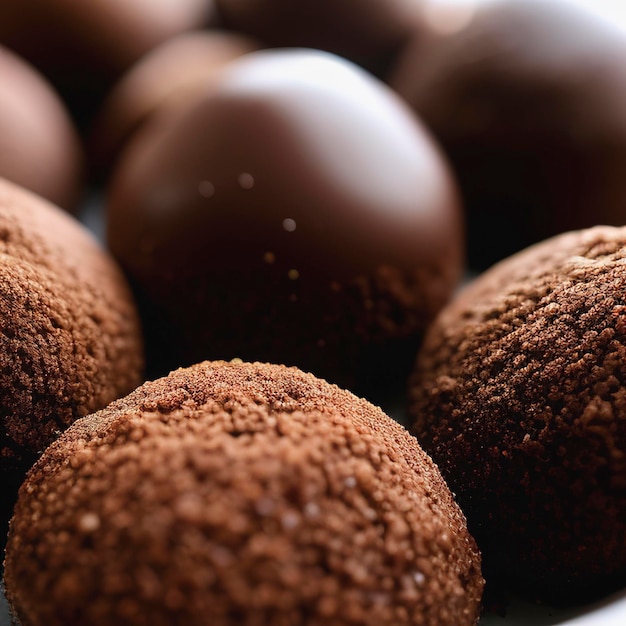 Chocolate bonbons and cocoa powder background Close up