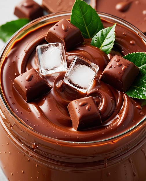 a chocolate bowl with some green leaves and some ice on it