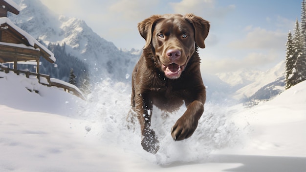 Chocolate brown labrador running in the snow austria