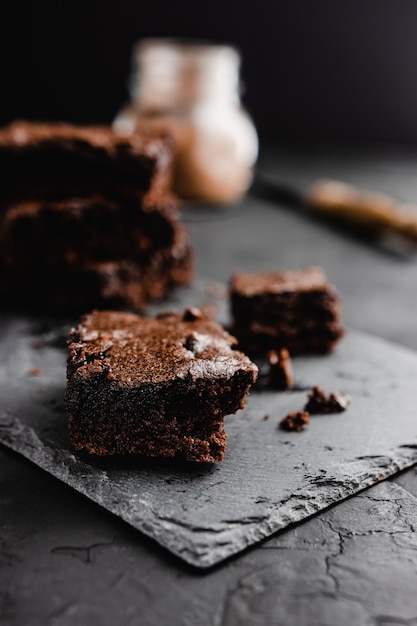 Chocolate Brownie on black slate stone