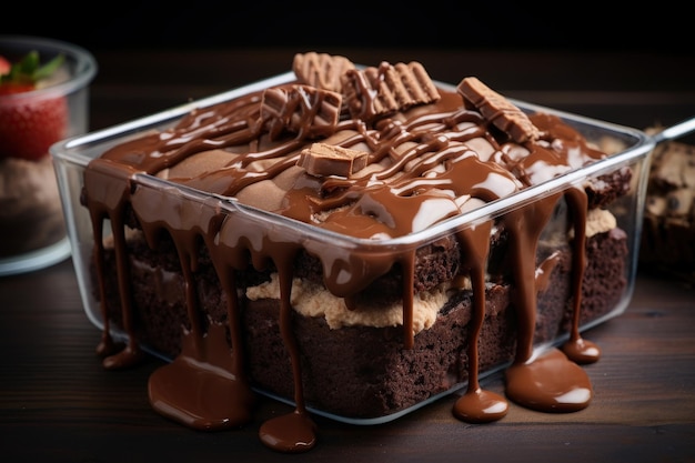 Photo chocolate brownie dessert in a glass container