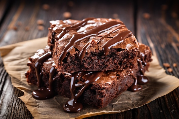 Chocolate brownie portions on wooden background