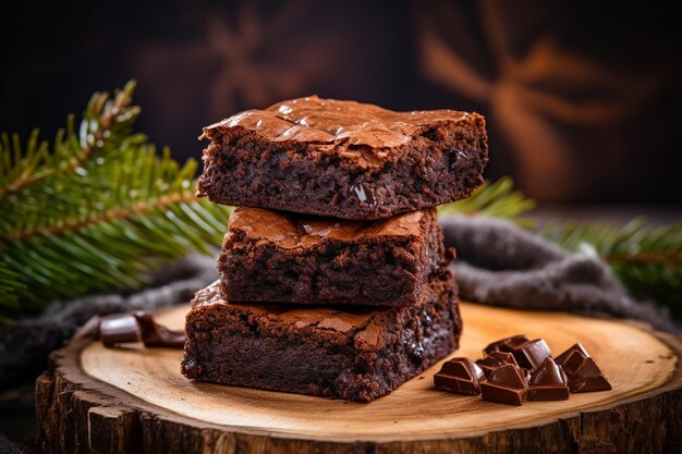 Chocolate brownie portions on wooden background