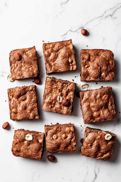 Chocolate brownies with hazelnuts on marble background flat lay composition