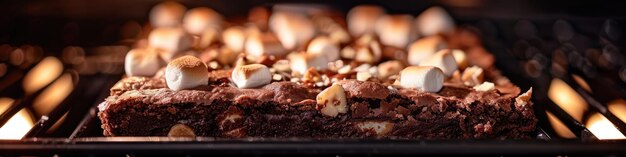 chocolate brownies with marshmallows in the oven Selective focus