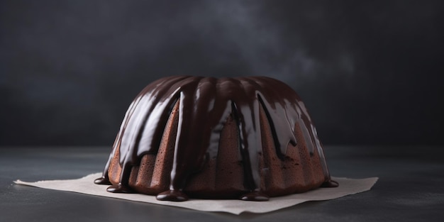 A chocolate bundt cake with chocolate icing on top.