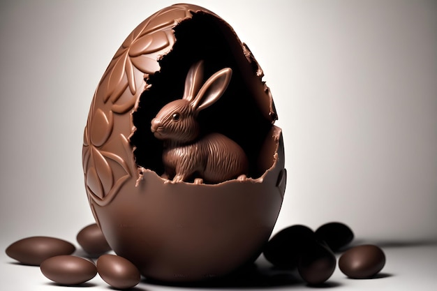 A chocolate bunny in a egg with chocolate eggs on a white background