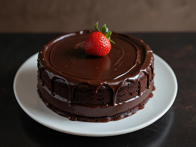 A chocolate cake adorned with berries on a plain background