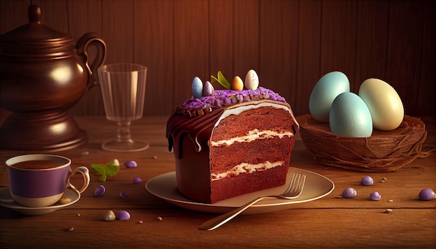 Chocolate cake ans colorful easter eggs on a rustic wooden table greeting easter card Generated AI