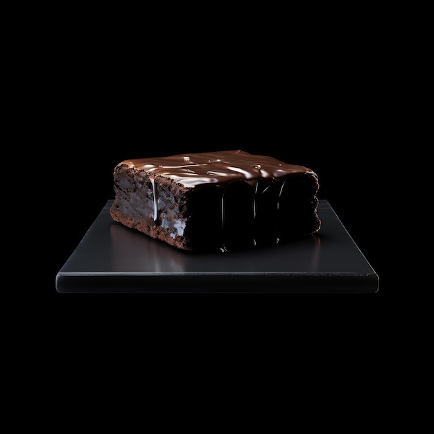 Chocolate Cake on Black Plate Against Black Background