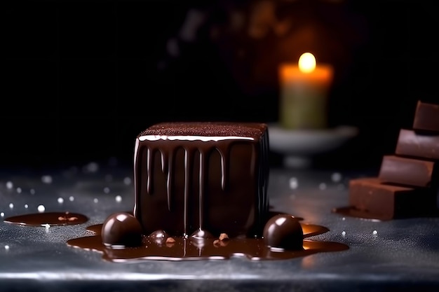 Chocolate cake and candles on a black background