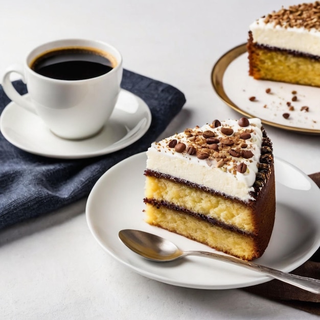 Chocolate cake and cup of coffee on white background closeup