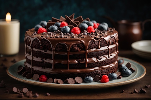 Chocolate cake decorated with chocolate chips