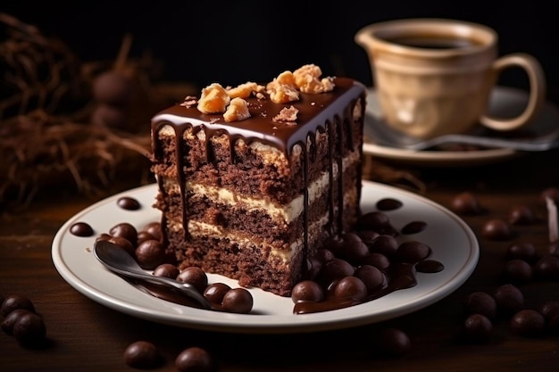 Chocolate cake decorated with chocolates with macadamia nuts and a cup of coffee