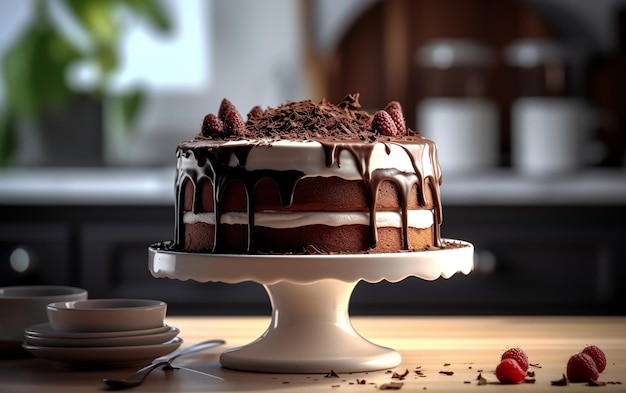 A chocolate cake displayed on a stand atop a tableclothcovered table Generative Ai