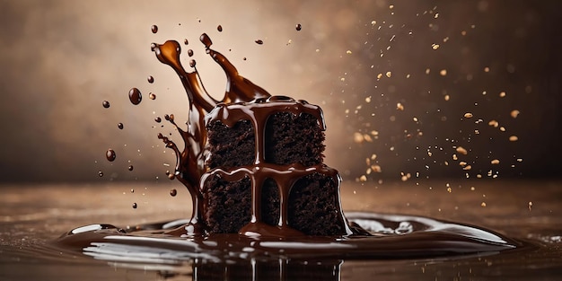 A chocolate cake falling into water splashes chocolate on top