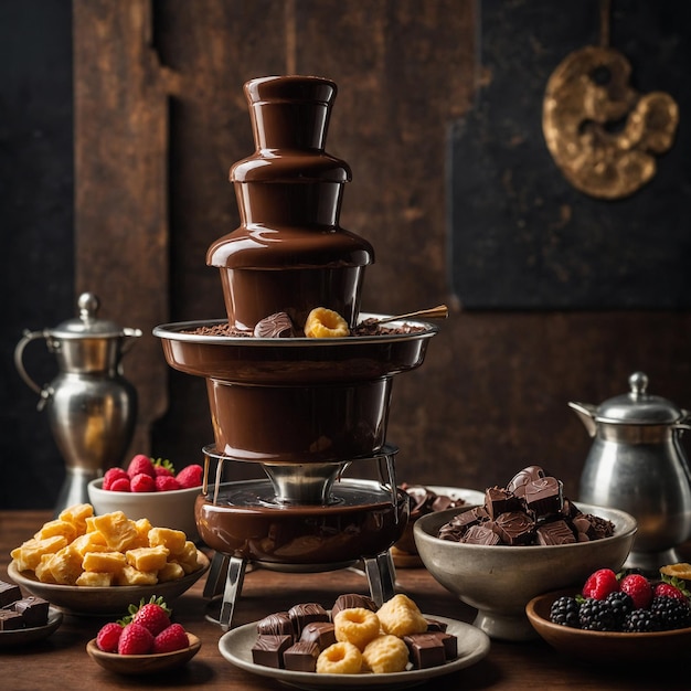 a chocolate cake is on a tray with other plates of chocolates