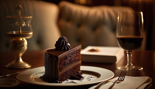 A chocolate cake on a plate with a glass of wine on the table.