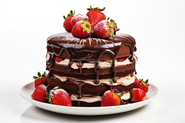 Chocolate Cake and Strawberries in Isolation Isolated on white background Generative Ai