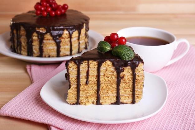 Chocolate cake on table