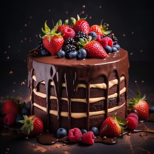 a chocolate cake with berries and berries on it