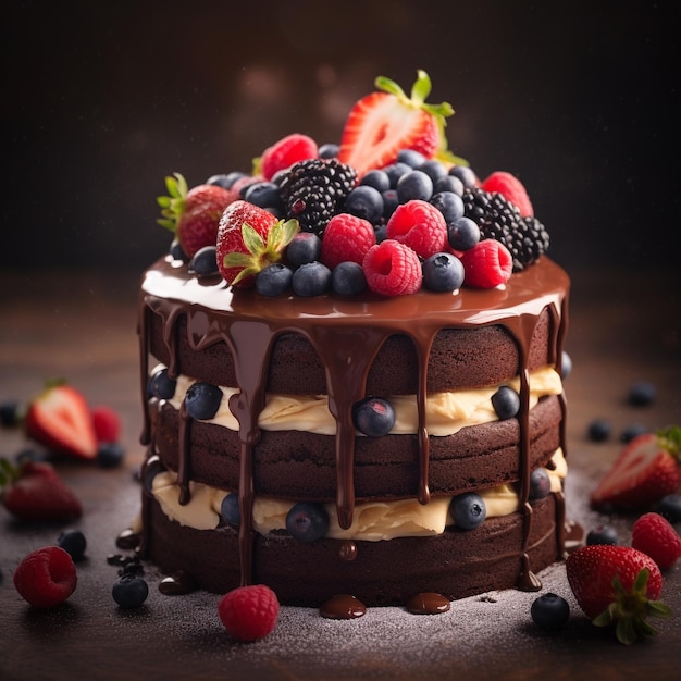 a chocolate cake with berries and berries on top of it