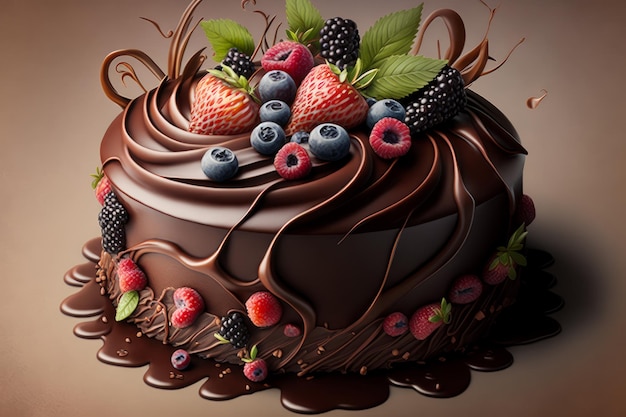 Chocolate cake with berries and chocolate frosting Generative AI