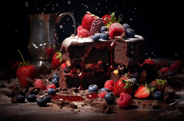 Photo a chocolate cake with berries and a pitcher of water behind it