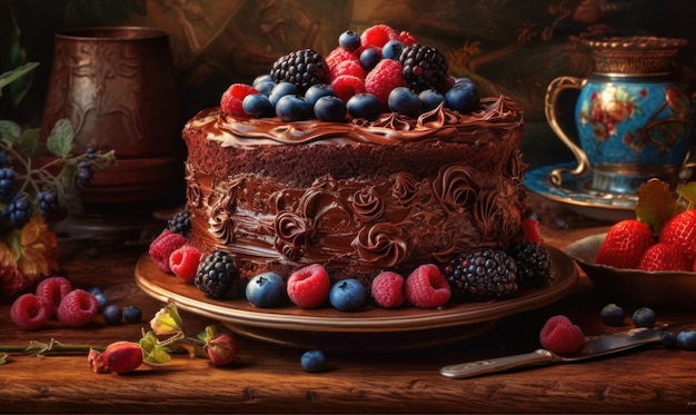 Chocolate cake with berries raspberries and chocolate frosting Generative AI