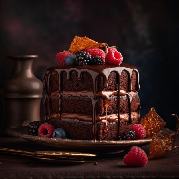 Chocolate cake with berries on top and delicious chocolate sauce