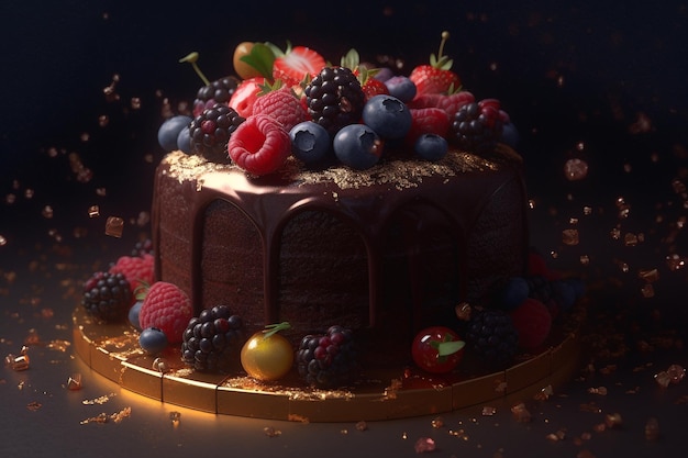 A chocolate cake with berries on top of it