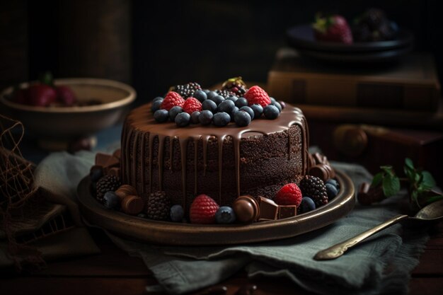 A chocolate cake with berries on top