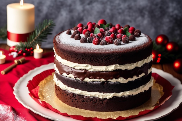 A chocolate cake with berries on top