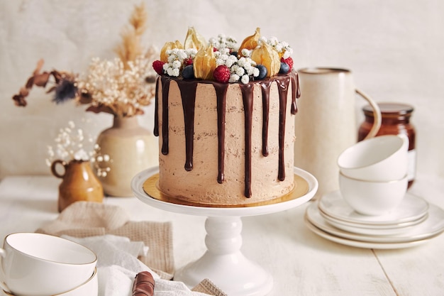 Chocolate cake with berries on a white cake stand in a bright kitchen