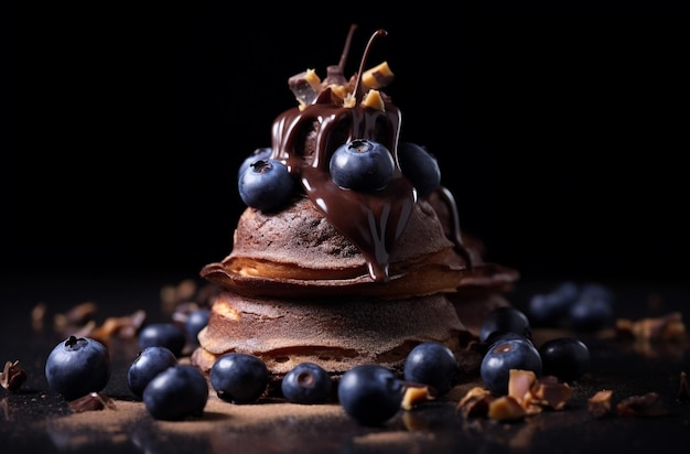 Photo a chocolate cake with blueberries and blueberries on top of it