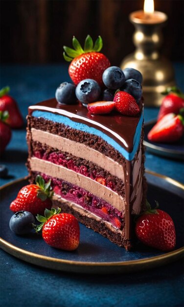 a chocolate cake with blueberries and strawberries on top of it