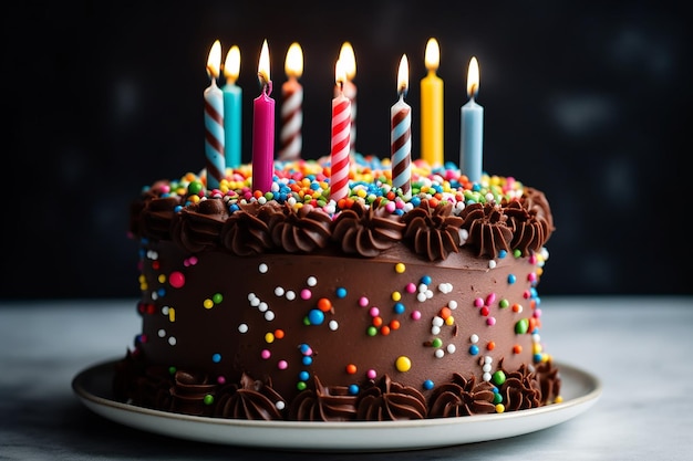 A chocolate cake with candles on it with the word birthday on it.