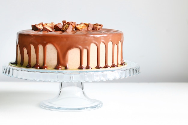 Chocolate cake with caramel on a plate