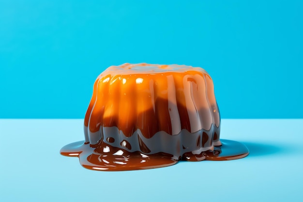 A chocolate cake with caramel sauce on top and a blue background