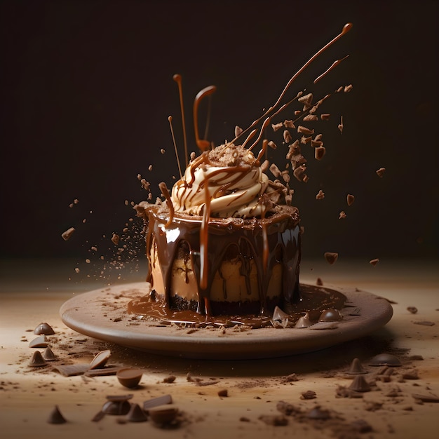 Chocolate cake with cherry and cherry on a black background with splashes