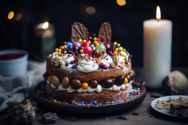 A chocolate cake with chocolate and candy on top and a candle in the background.