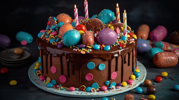 A chocolate cake with chocolate and candy on the top.