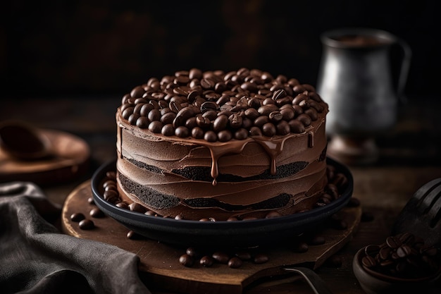 A chocolate cake with chocolate chips and chocolate chips sits on a table.